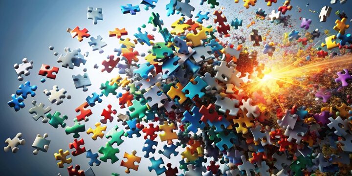 A vibrant explosion of colorful puzzle pieces dispersing across the canvas, symbolizing the fragmentation and potential for reassembly of complex ideas.