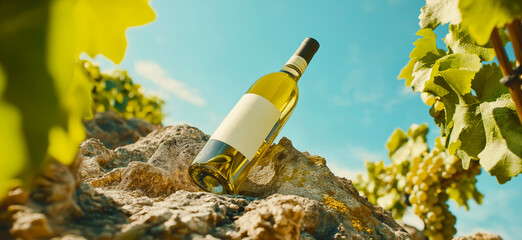 Obraz premium White wine mock-up. A bottle of white wine on a rock in a vineyard with an empty label