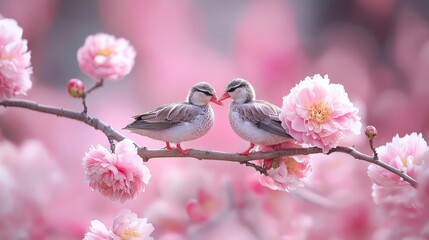 Peony Blossoms with Mandarin Ducks, symbolizing love and partnership, vibrant colors, harmonious composition, serene garden setting