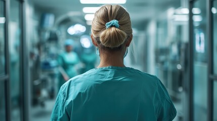 A nurse dressed in teal scrubs is seen from behind walking through a hospital corridor, embodying dedication and the bustling environment of healthcare settings.