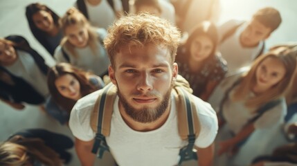 A focused young man stands with confidence among a diverse crowd of people, embodying themes of leadership and determination within a bustling environment.