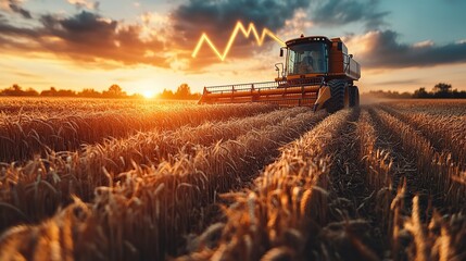Obraz premium a combine harvester in wheat field with an upward arrow symbolizing rising wheat prices