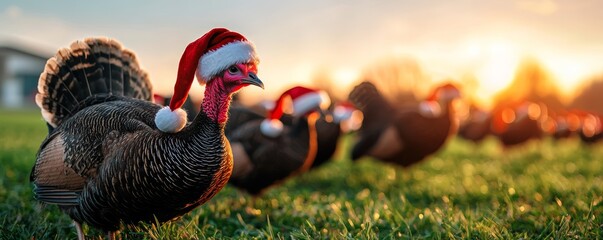A cheerful flock of wild turkeys in Santa hats, scattered across a lush green field at sunrise, with soft, golden light highlighting their feathers.