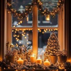 Christmas decoration window, balls trees, lights. Christmass wide banner,Burning candles and Christmas tree on the background of the window.