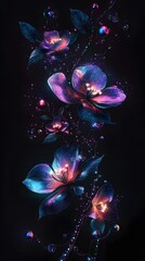 Elegant floral arrangement with iridescent flowers, against a dark background, in the style of vector art