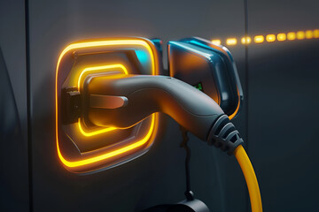  A glowing electric vehicle charger with a cable plugged in, illuminated in red, symbolizing modern, eco-friendly technology and sustainable transportation solutions.
