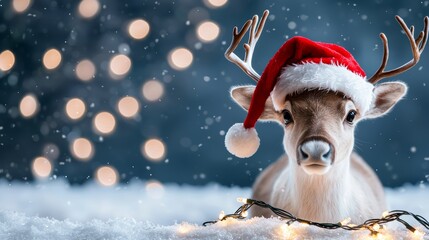 A cheerful reindeer in a Santa hat, surrounded by a snowy landscape and twinkling Christmas lights wrapped around its antlers.