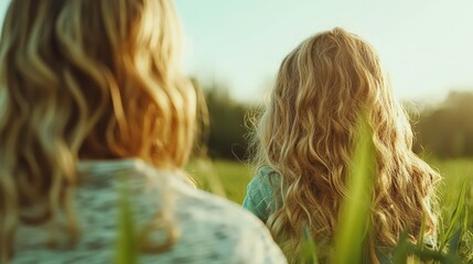 Two children with wavy blond hair enjoying nature as they sit quietly in a sunlit grassy field, evoking calmness and wonder in a serene outdoor setting.