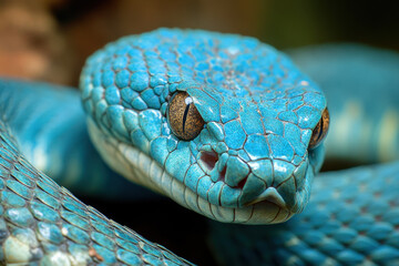 Fototapeta premium Captivating blue python resting on a warm branch amidst lush greenery in the tropical rainforest