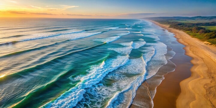 A serene aerial view capturing the rhythmic dance of waves rolling towards a golden sandy shore, bathed in the warm glow of a rising sun.
