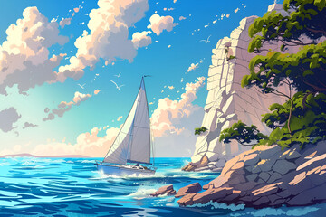 A sailboat glides by a rocky coastline with lush trees under a blue sky with fluffy clouds and distant sailboats.