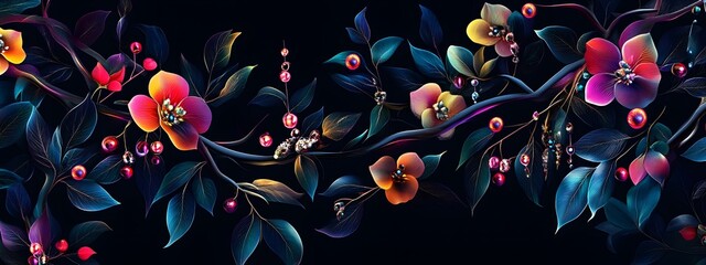 Elegant floral arrangement with iridescent flowers, against a dark background, in the style of vector art