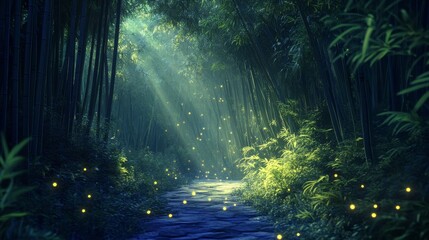 Obraz premium Mystical Bamboo Grove with Ethereal Glow, Invoking Prosperity and Serenity in a Tranquil Feng Shui Environment