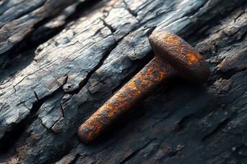 Fototapeta premium Rusty bolt on weathered wooden surface