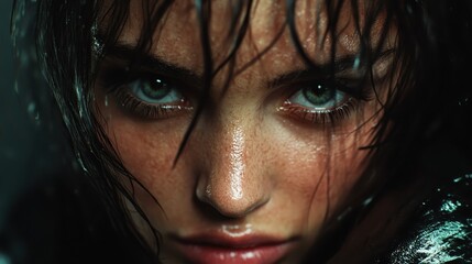 A close-up shot capturing a wet face with water dripping and intense blue eyes, surrounded by strands of dark hair, creating a powerful and dramatic visual effect.