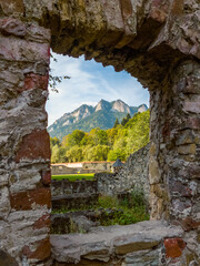 Trzy Korony (Three Crowns) massif as seen through a window opening in the Červený Kláštor (Red Monastery).