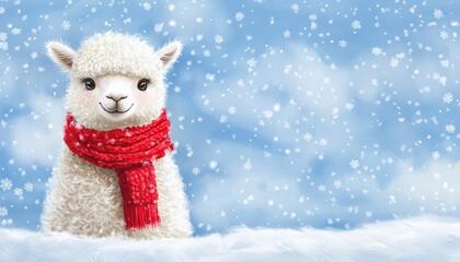 Fototapeta premium A cute alpaca wearing a red scarf, standing in a snow-covered meadow, with snowflakes gently falling from the sky.