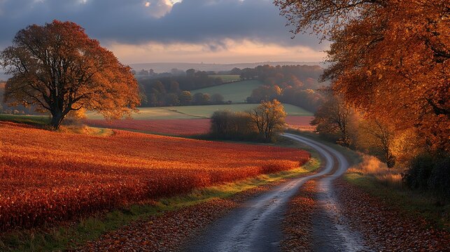 20241004201718list 16 23. A beautiful golden hour in the countryside, with fields of autumn crops, and the sun casting a warm glow over the landscape as the leaves turn vibrant shades of red 