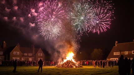 Guy Fawkes Night festival in the suburbs, backdrop of typical English houses with a clear night sky filled with fireworks, AI generated images