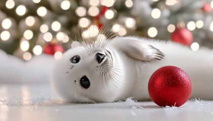 A cute baby seal rolling near a Christmas tree, nudging a red ornament with its nose, as festive lights glow in the background.