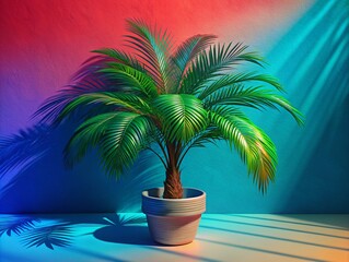 Obraz premium View of green palm tree species from a tree pot with beautiful foliage. 