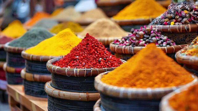 Colorful spices and herbs displayed in baskets at a market, featuring vibrant reds, yellows, and various other hues.