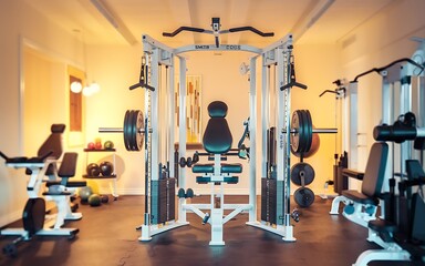 A well-equipped home gym with various exercise machines, weights, and other fitness equipment.