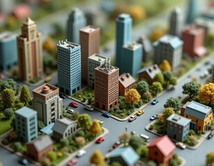 Detailed Miniature Cityscape: A miniature city on a table, complete with skyscrapers, houses, trees, and cars. 
