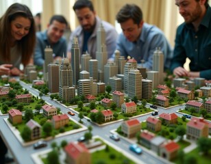 Obraz premium Detailed Miniature Cityscape: A miniature city on a table, complete with skyscrapers, houses, trees, and cars. 