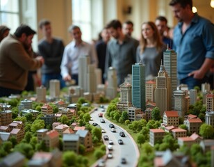 Detailed Miniature Cityscape: A miniature city on a table, complete with skyscrapers, houses, trees, and cars. 