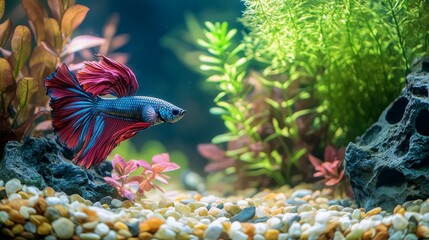 Serene Aquatic Harmony, enchanting aquarium design featuring vibrant betta fish and lush plants, creating a tranquil, prosperous environment