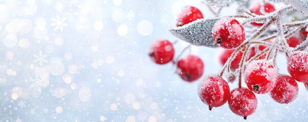 A delicate branch draped in snow, with bright red berries sparkling in the frost, as snowflakes fall like tiny crystals.