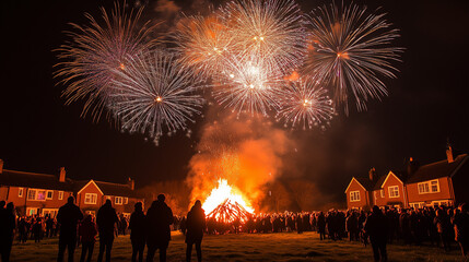 Guy Fawkes Night festival in the suburbs, backdrop of typical English houses with a clear night sky filled with fireworks, AI generated images