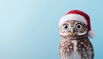 Naklejka premium A festive little owl with big, wide eyes, wearing a cute Santa hat, perched against a soft blue-to-white gradient background, perfect for a wintery holiday feel.