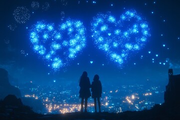 Obraz premium Two figures admire a dazzling firework display in the shape of hearts above a vibrant city at night