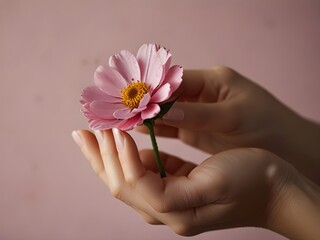 Female hands holding a pink flower