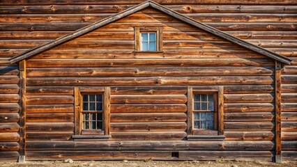Naklejka premium The weathered exterior of a rustic log cabin with three windows and a peaked roof, showcasing the timeless beauty of traditional construction