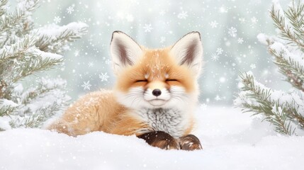 A fluffy baby fox sitting in the snow, surrounded by snow-covered trees, with delicate snowflakes falling around it.