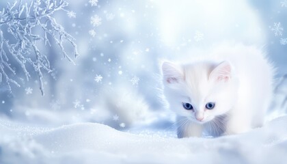A fluffy white kitten exploring a snow-covered forest, with snowflakes landing softly on its fur in the wintry scene.