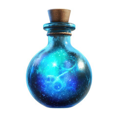 A mystical potion bottle with a glowing, starry mixture inside, set against a white isolated background.