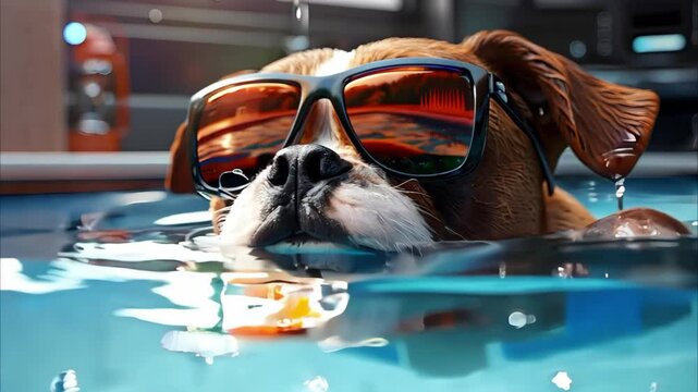 A dog wearing sunglasses floating in water, enjoying a sunny day.