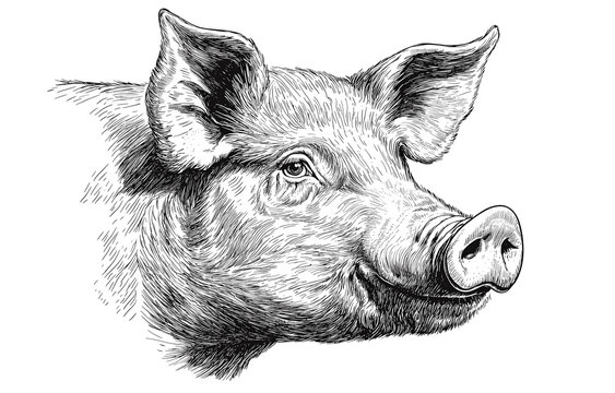 recommend clip art: Pig, hog, boar. Vintage retro print, black white pig sketch ink pencil style drawing, linear drawing, engrave old school. Sketch artwork silhouette pig, hog, boar. Side view profile. Illustration