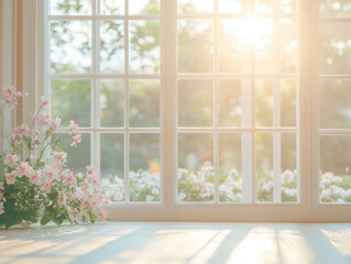 Serene spring morning light filtering through large windows adorned with blooming flowers