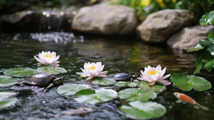 Feng Shui water garden featuring turtles, fish, water lilies, embodying harmony and prosperity in a serene landscape.