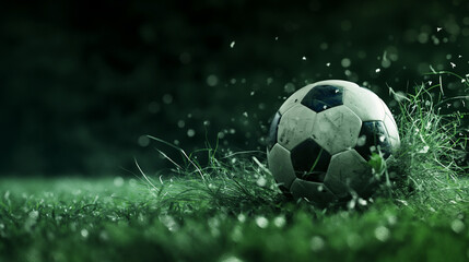 Naklejka premium A close-up of a soccer ball rolling on freshly cut grass during an evening match in a city park