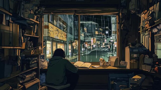 Lofi girl studying at a window while it rains in the city at night. Background music Anime style. illustration lofi chill hip hop Relaxing music. Seamless Loop 4k Animation
