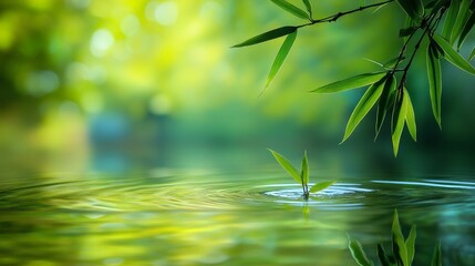 Obraz premium Serene Bamboo Leaves on Tranquil Pond, A calming scene embodying harmony and reflection, perfect for fostering peace and mindfulness