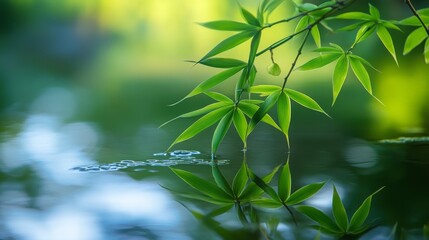 Naklejka premium Serene Bamboo Leaves on Calm Pond, Evoking tranquility and reflection in a harmonious natural setting, perfect for meditation and relaxation