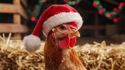 A humorous close-up of a chicken with a slightly crooked Santa hat, standing in a barn decorated with festive holiday garlands and straw.
