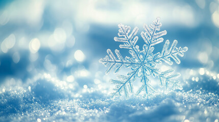 Close-up of a beautiful snowflake shining on the snow